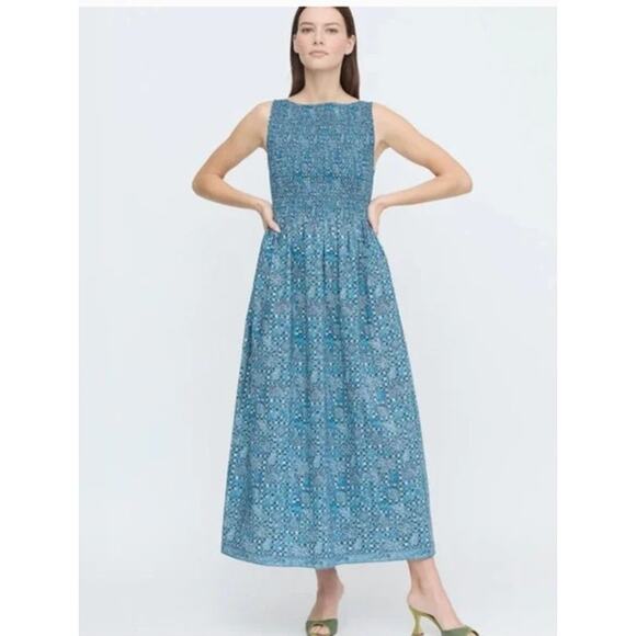 HILL HOUSE Sz S Small Blue Navy Calico Trellis Cosima Nap Dress Midi Cotton - Picture 1 of 9
